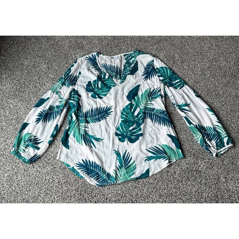 Old Navy Women's White Tropical Leaves Long Sleeve Henley Blouse Size Medium